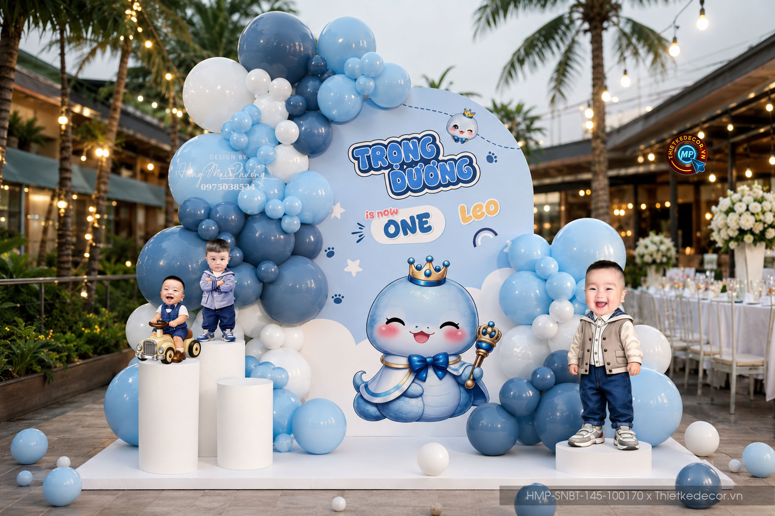 File thiết kế decor trang trí tiệc sinh nhật bé trai tuổi Rắn - Tỵ mix bong bóng cute dễ thương đáng yêu tone xanh dương